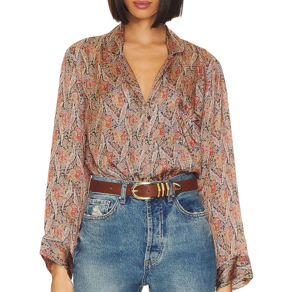 THE GREAT Revolve Paisley Bask Blouse Long Sleeve Button Up Silky Shirt Size 1